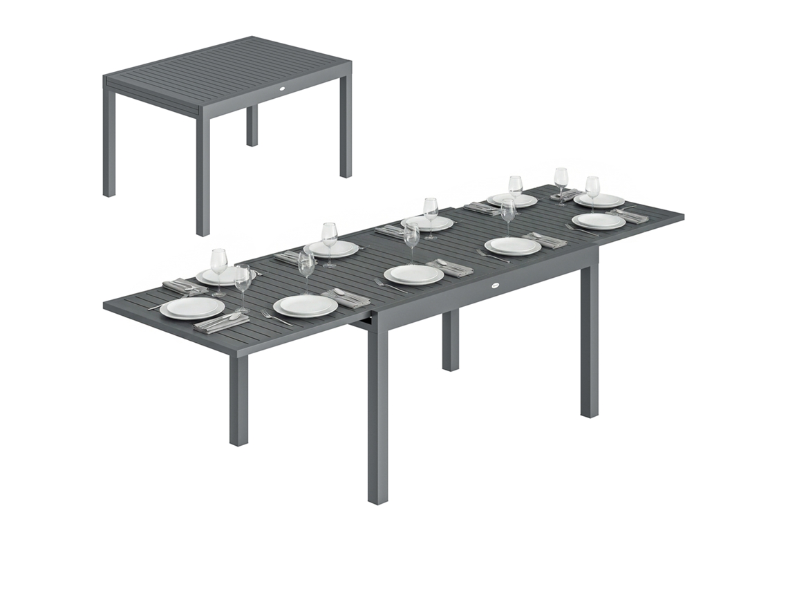 Mesa De Comedor Extensible De 135/270 Cm, De Aluminio Con Listones, Para 6-10 Personas, Color Gris Oscuro.
