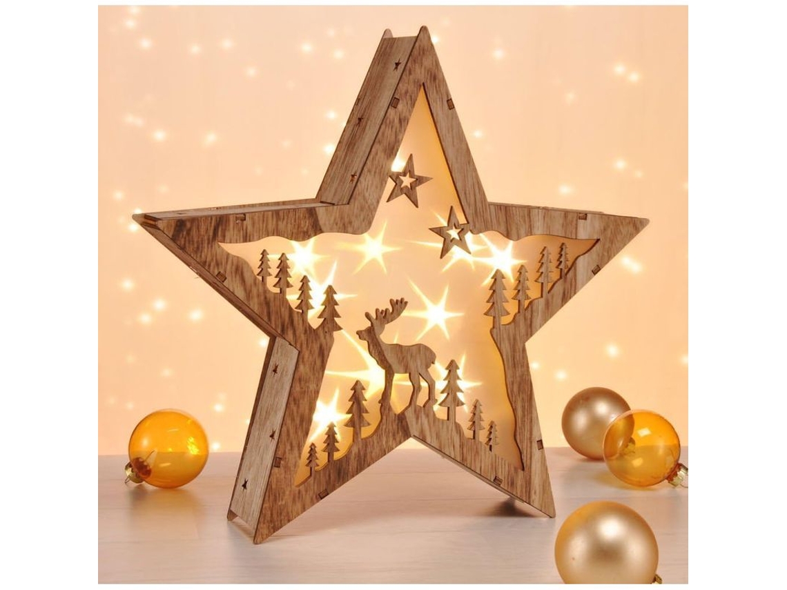 Lámpara Decorativa De Madera Con Forma De Estrella Led 3d Con 10 Led De Luz Blanca Cálida.