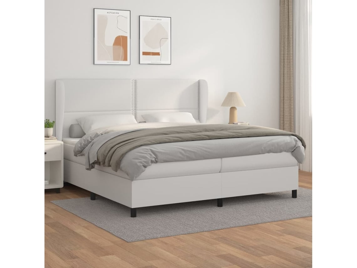 Cama Box Spring Con Colchón Cuero Sintético Blanco 200x200 Cm