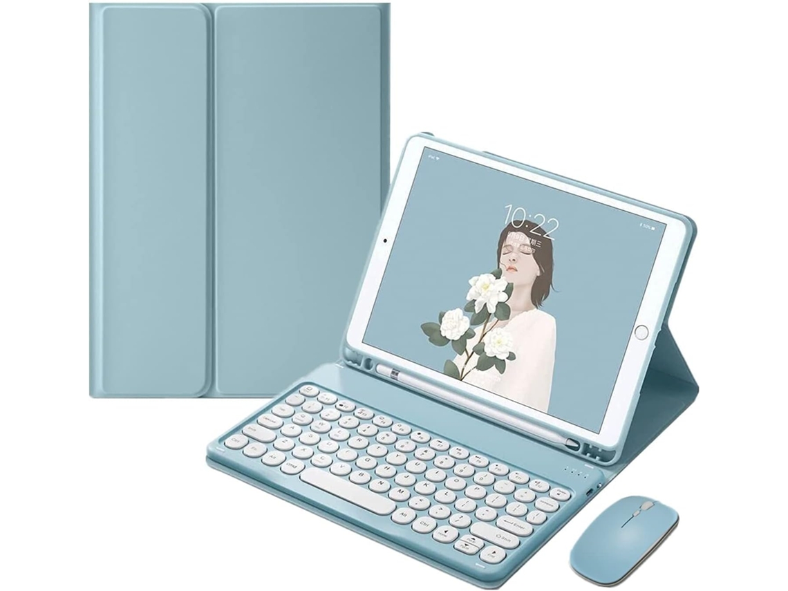 Funda con teclado para iPad 9 (2021), iPad 8 (10,2 pulgadas), iPad 7 (Air 3 Pro) y iPad 10,5 (10,5 pulgadas), con ratón, teclas redondas retro de colores, funda con teclado extraíble.