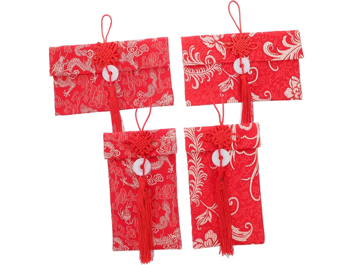 Sobres De Tela Roja Bordados Con Dragones Y Fénix, Paquete De 4, Para Hongbao Del Año Nuevo Chino