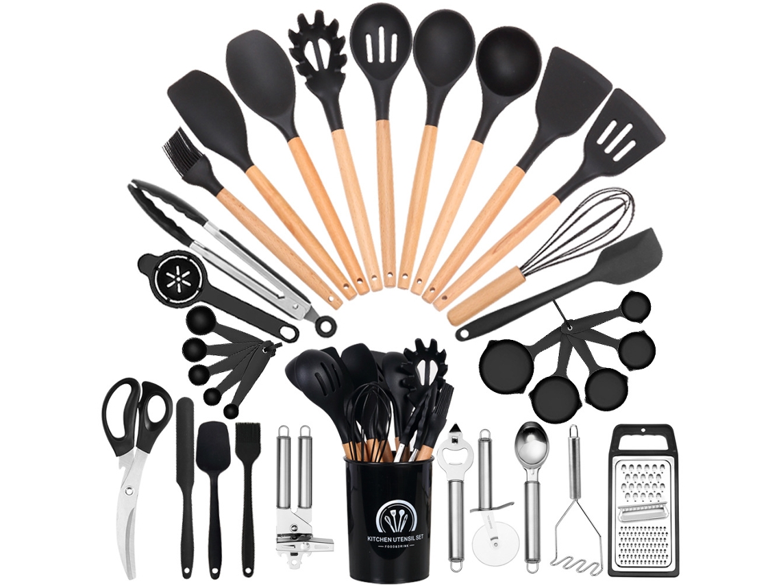 Juego de utensilios de cocina de 34 piezas de silicona resistente al calor con mango de madera - Negro GERTIZ