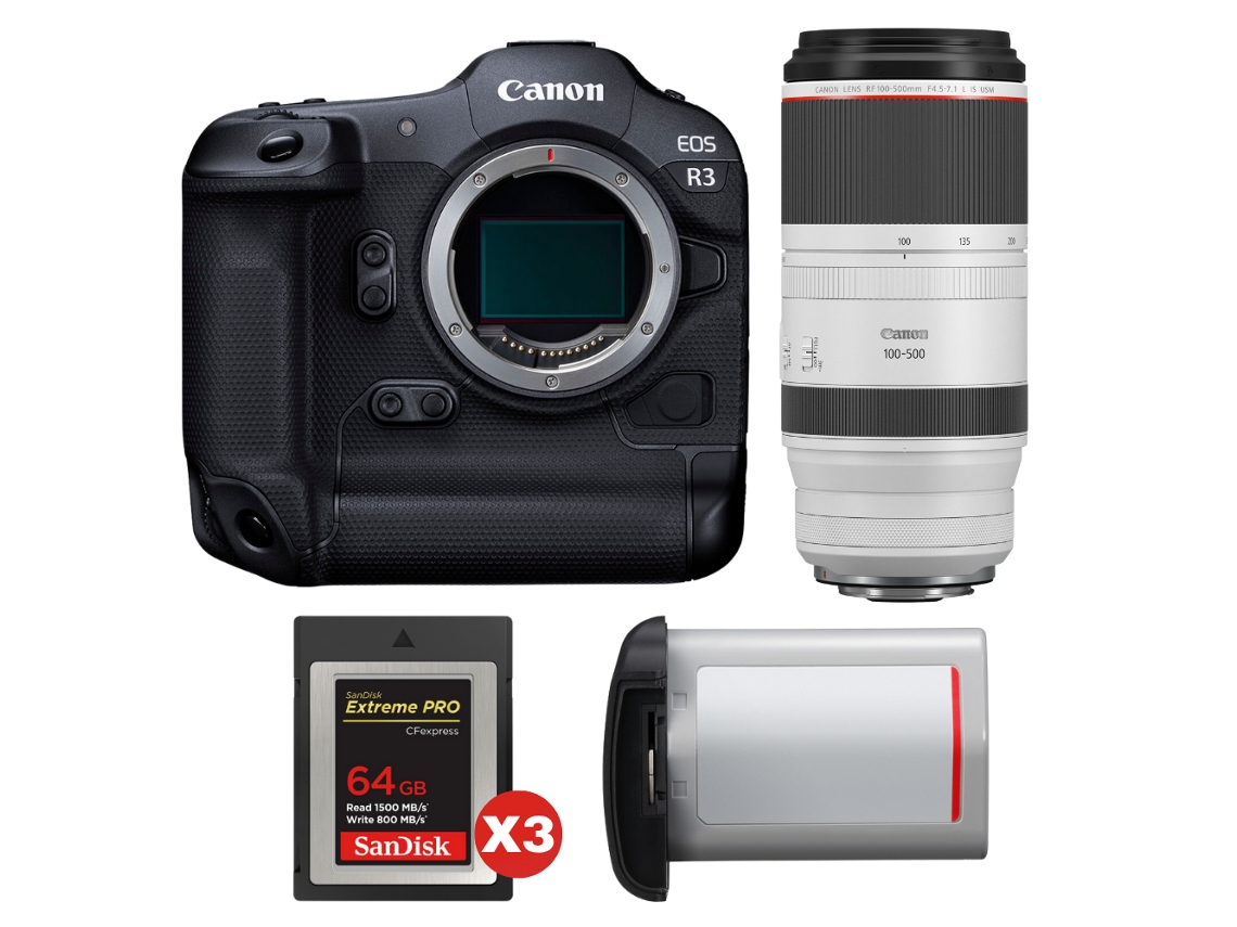 Canon Eos R3 + Rf 100-500mm F/4.5-7.1 L Is Usm + 3 Sandisk 64gb Extreme Pro Cfexpress Type B + Canon Lp-e19 + Ebook Pricedirect