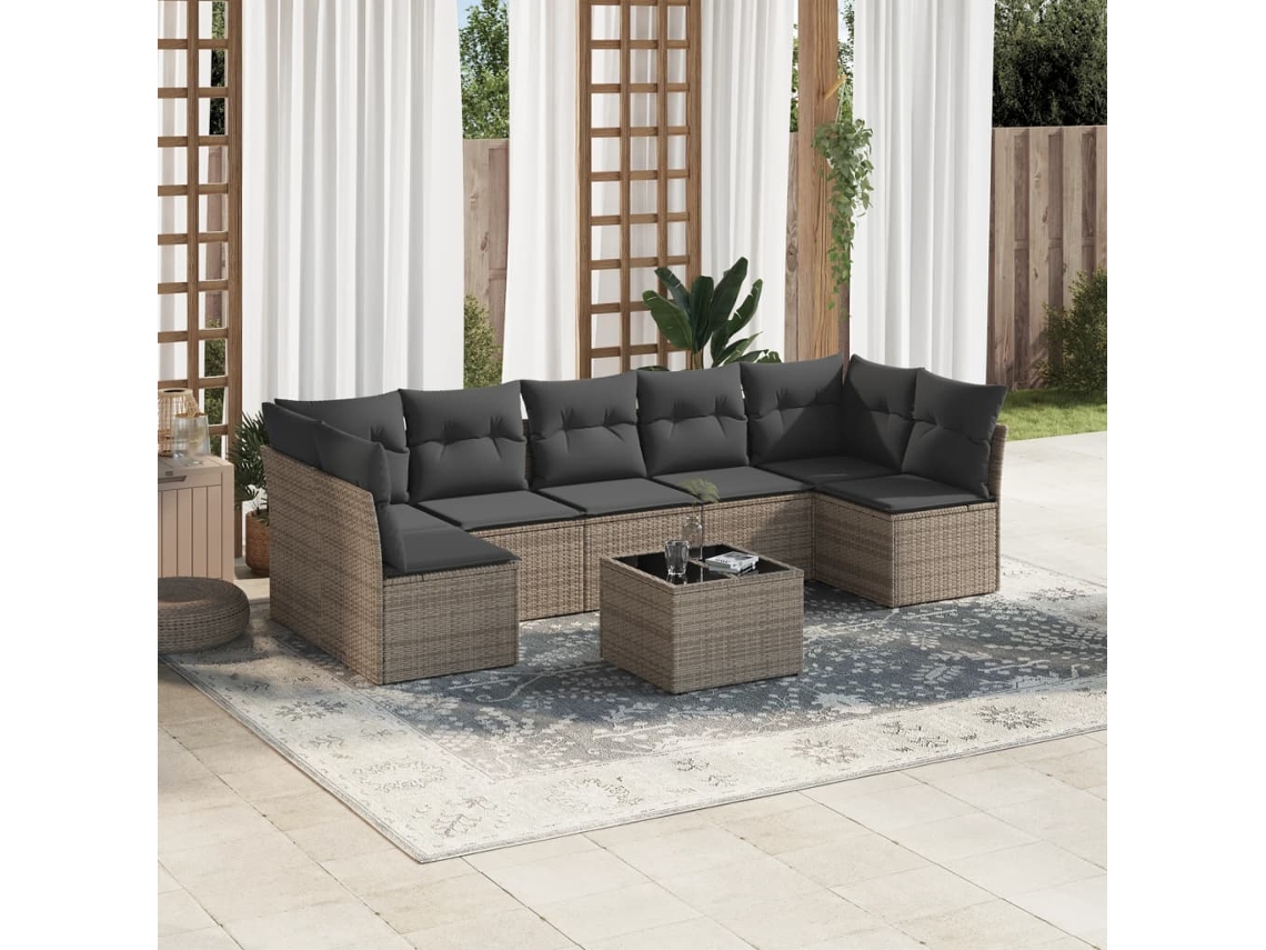 Conjunto de sofá de jardín de 8 piezas con cojines, ratán gris, DKD Home Decor