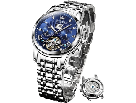 VEANXIN Reloj de Diamantes Impermeable Luminoso de Negocios Hueco mecánico automático para Hombres(azul)