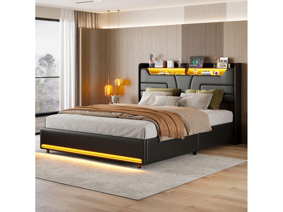 Cama Doble Tapizada De 140 X 200 Cm Con Iluminación Led, Funcional Cama Basculante Hidráulica Con Somier De Láminas, Sin Colchón, Pu (negro)