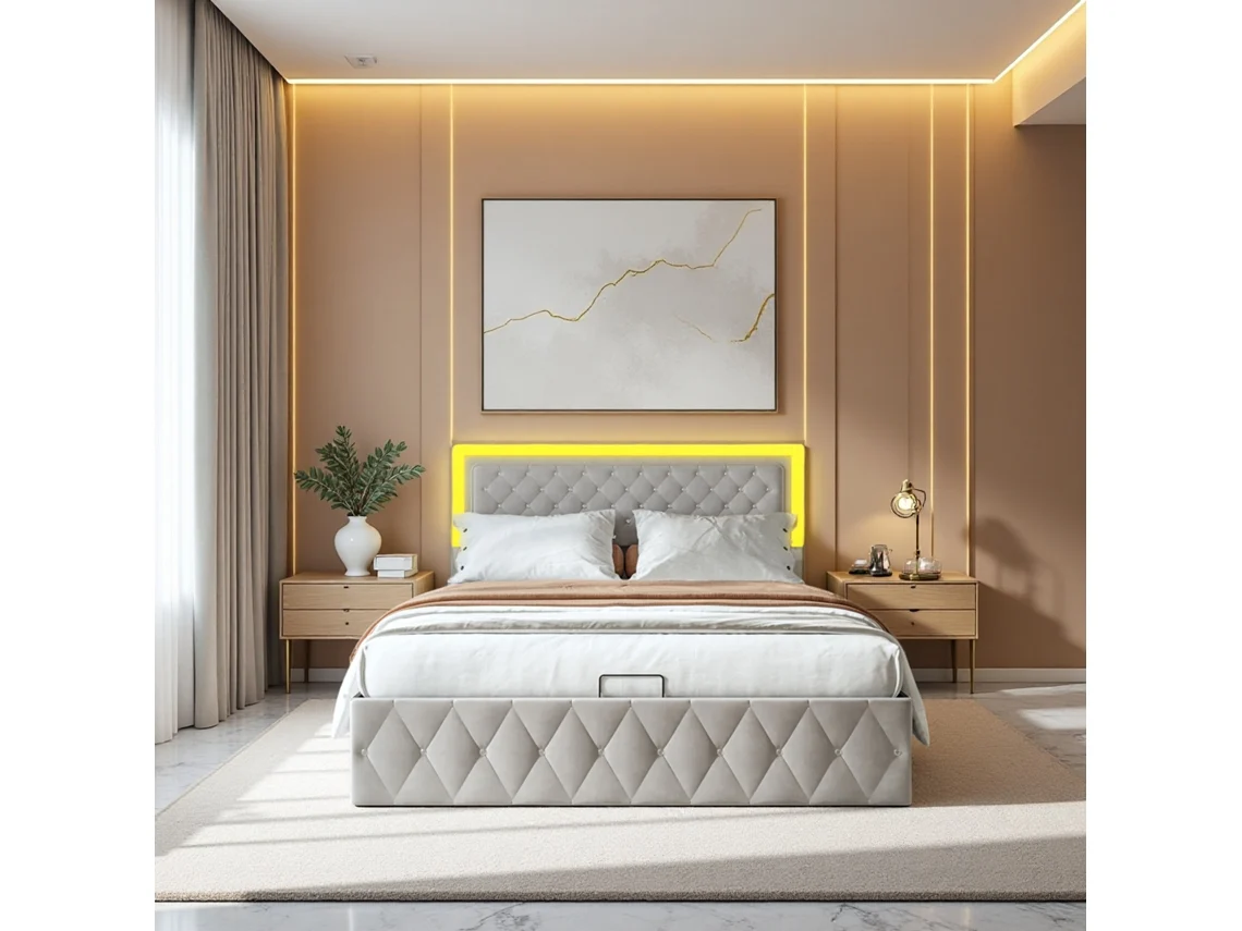Cama De Matrimonio 140x200 Cama Tapizada Con Almacenamiento Moderna Terciopelo Beige Led Rgb Multicolor Elevacion Neumatica Cama De Adulto