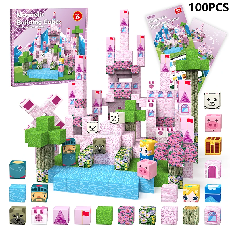 (castillo) 100 Bloques De Construcción Magnéticos, Set De Castillo Rosa De Princesa, Juguete Educativo Stem