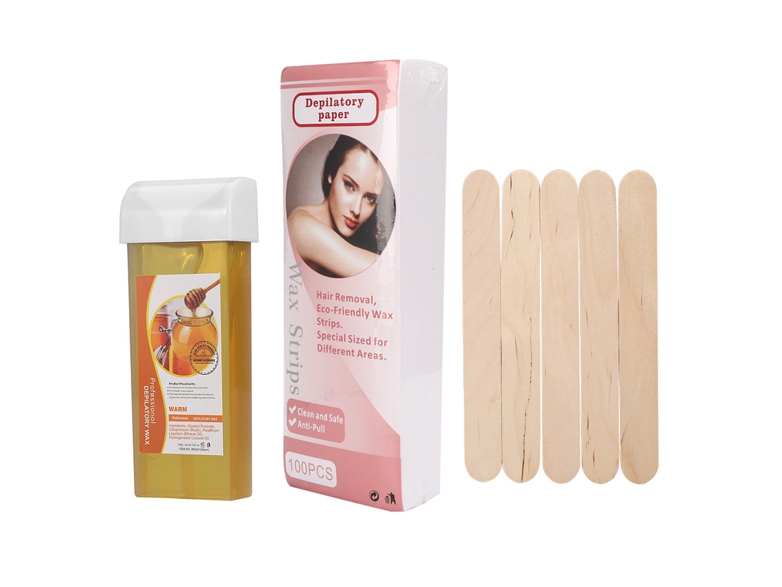Kit De Depilación Con Cera Que Incluye 100 G De Cera, 100 Bandas Depilatorias Y 5 Espátulas De Madera (miel).
