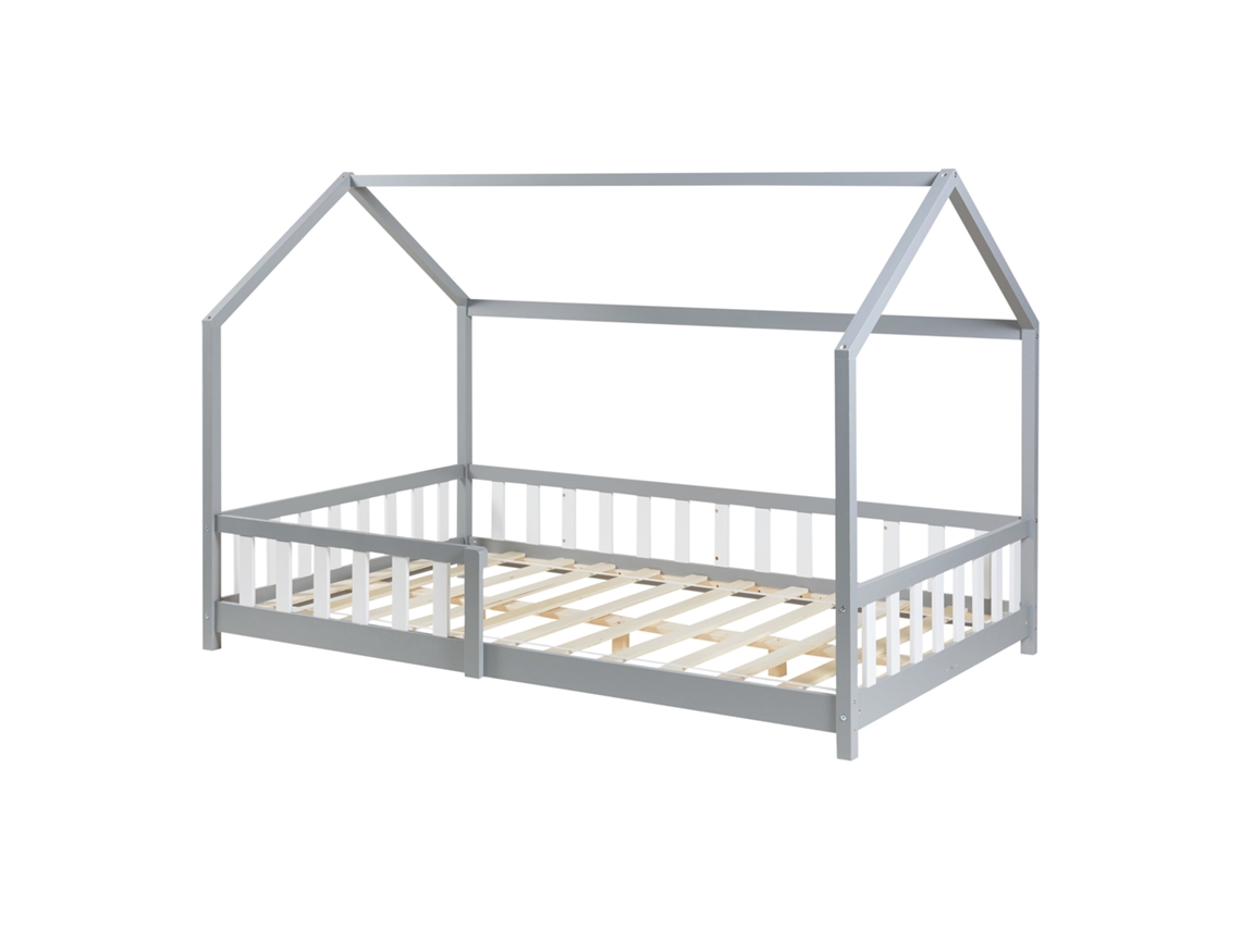 Cama infantil Hesel en forma de casa pino con reja 120x200cm - Gris [EN.CASA]