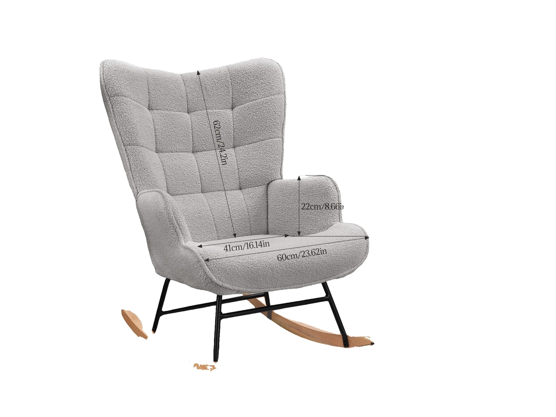 Mecedora, soporte ergonómico, diseño minimalista moderno, gris claro.