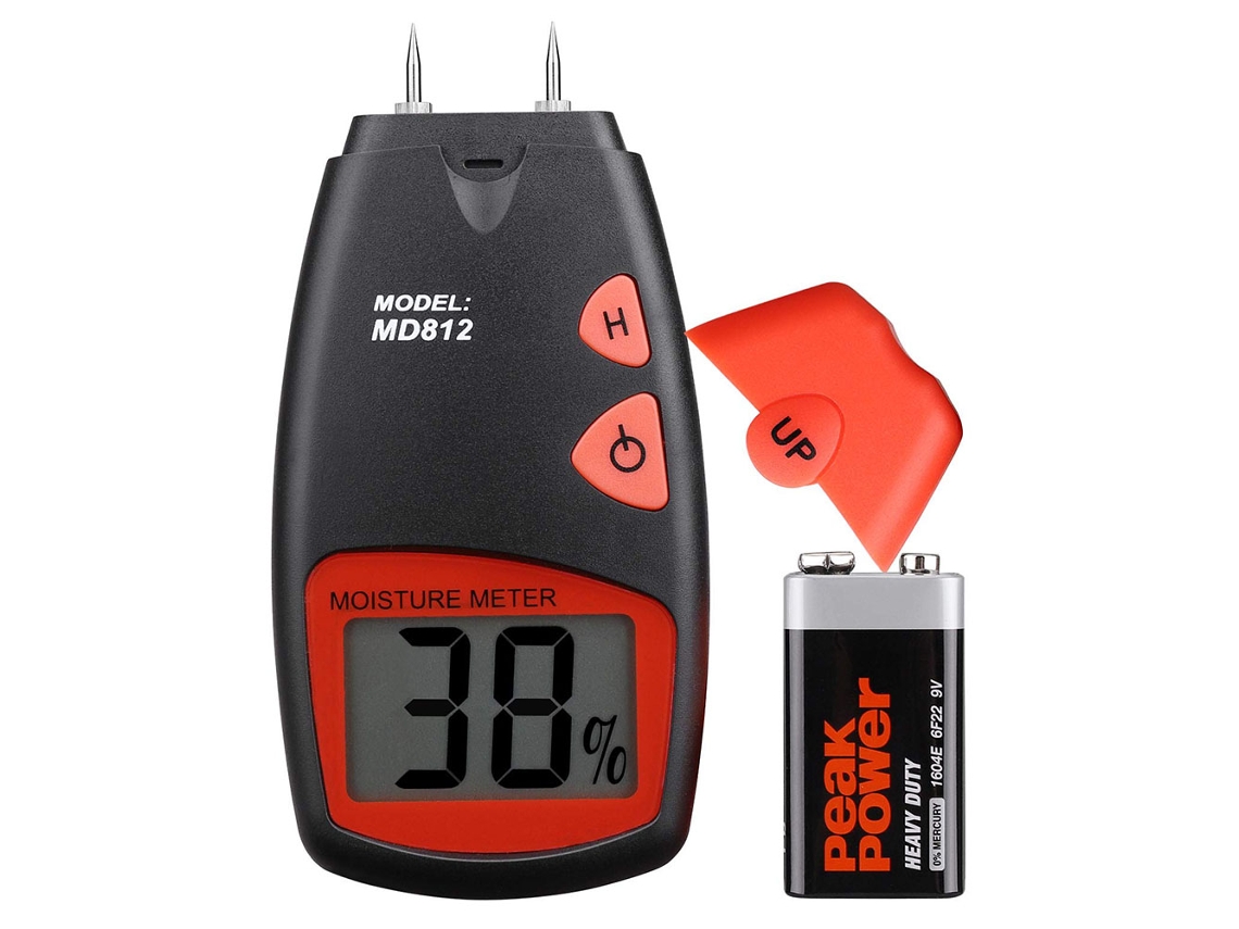 Medidor digital de humedad de madera, detector portátil con pantalla LCD, 2 puntas de sensor y batería de 9 V Kofihety