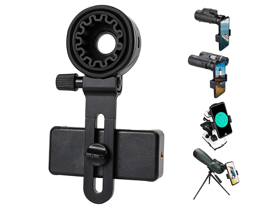 Adaptador de teléfono para telescopio, soporte universal para teléfono celular compatible con binoculares, monoculares, microscopios, telescopios y telescopios.