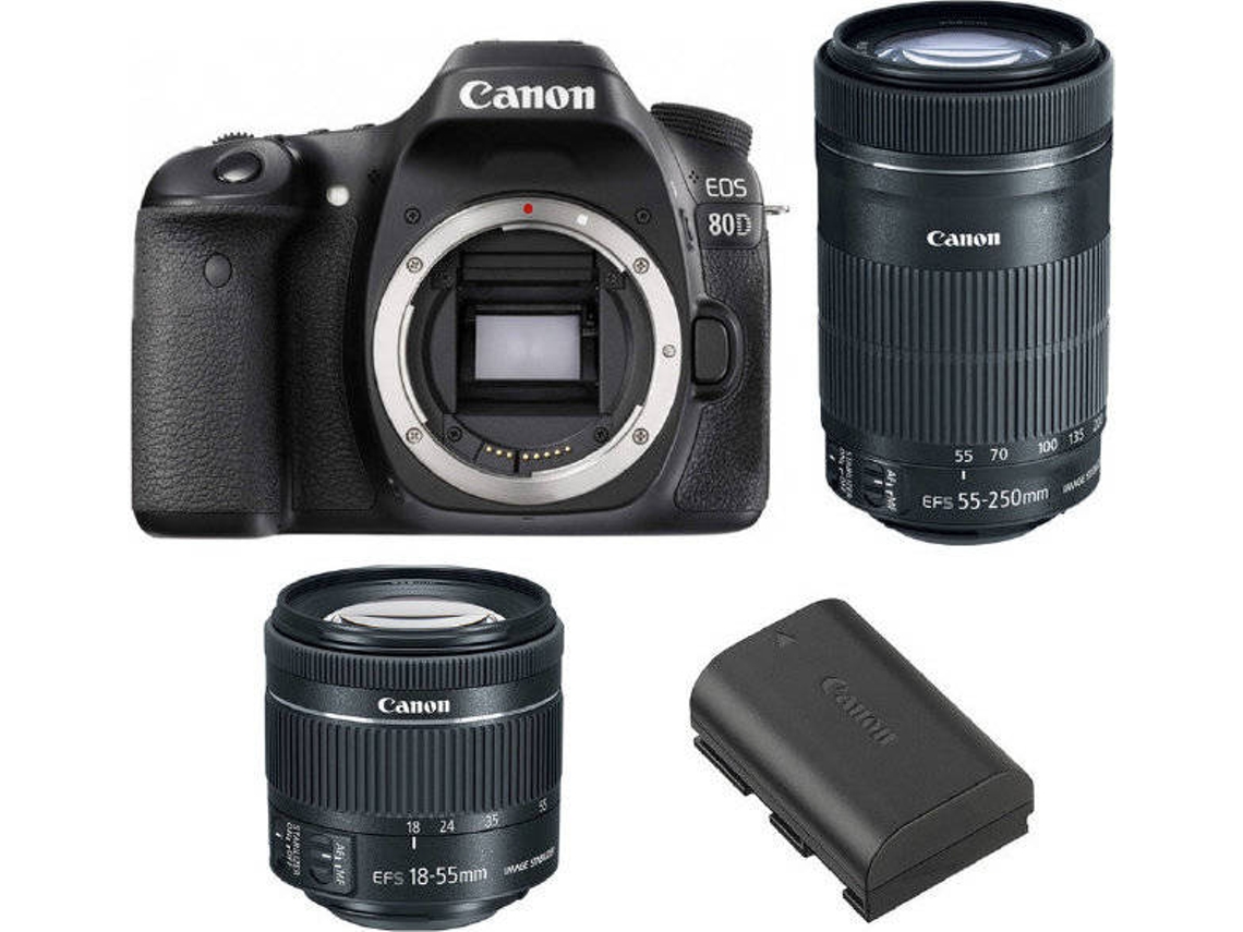 Cámara Reflex CANON EOS 80D + Objectivo EF-S 18-55MM F4-5.6 IS STM + Objectivo EF-S 55-250MM F4-5.6 IS STM + Batería Canon LP-E6N (APS-C)