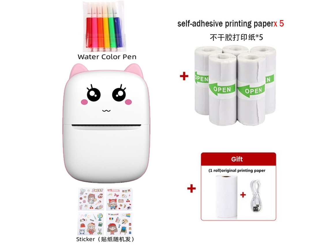 Impresora Térmica Inalámbrica De 203 Dpi. Impresión Sin Tinta Con Papel Autoadhesivo, Bolígrafo De Acuarela Y Pegatinas, Color Rosa. GERTIZ