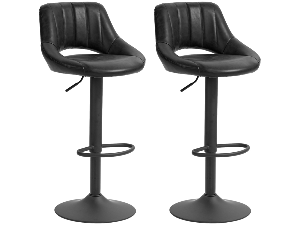 Juego de 2 taburetes ajustables, 85 x 106 cm, con reposapiés, asiento giratorio de piel sintética, para cocina y salón, color negro.