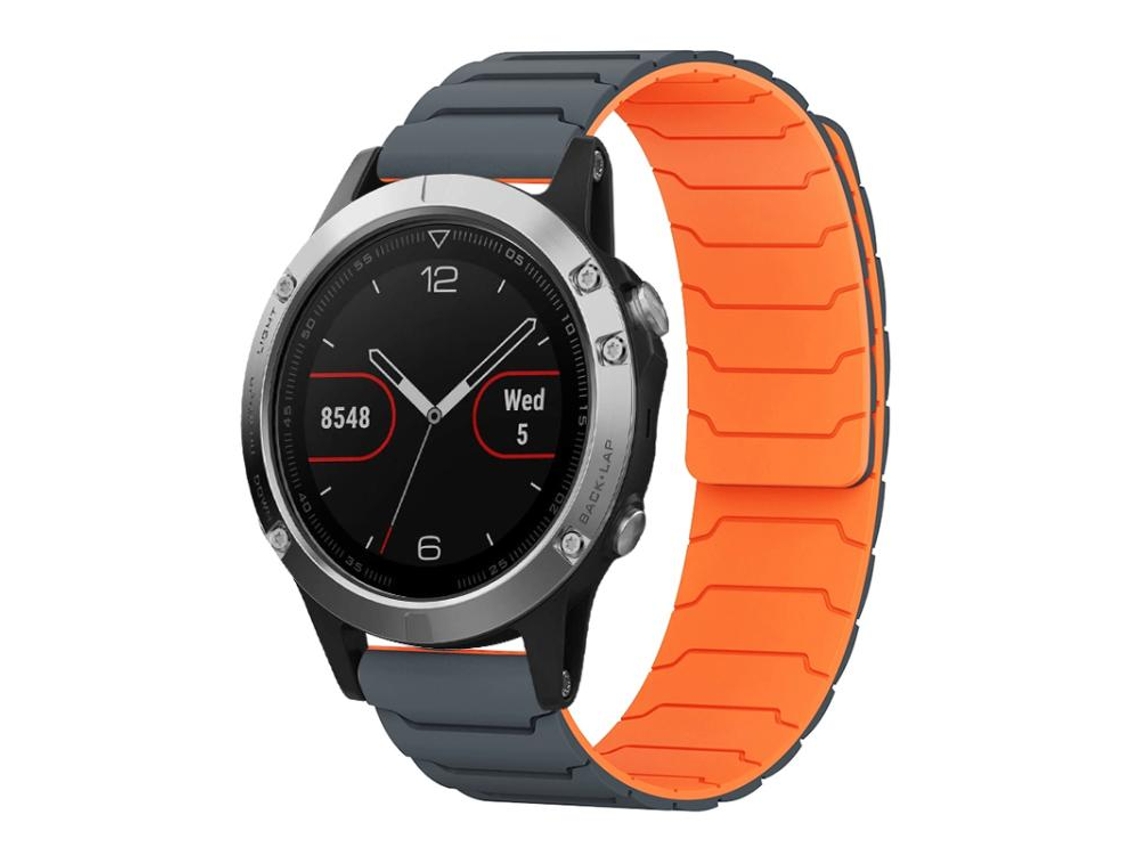 Bracelete Para Garmin Fenix 8 / 7 / 6 / 5 (22mm) - Silicone Magnético Cinza E Laranja