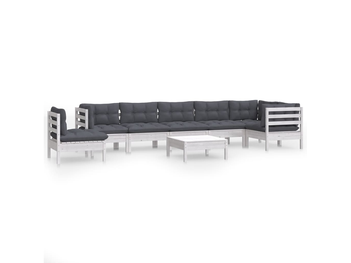Juego de 9 sillones de jardín con cojines, pino blanco macizo, EXCLUSIVO DE LA CASA