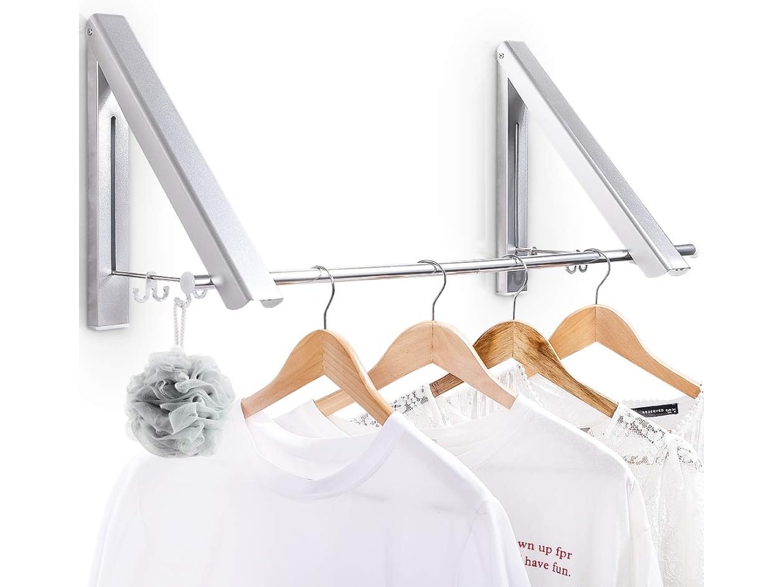 Perchero de pared de aluminio, barra ahorradora de espacio en plata arenada con hebilla fija para mayor estabilidad y seguridad, diseño retráctil.
