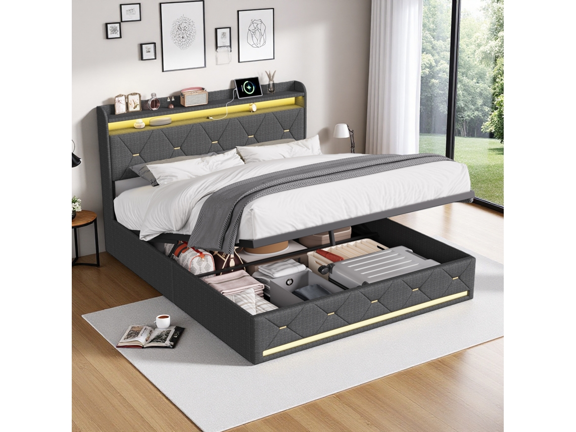Cama Doble De 160x200, Cama Con Plataforma De Lino Con Luces Led Rgb Y Estación De Carga, Gris, Rosahqnda