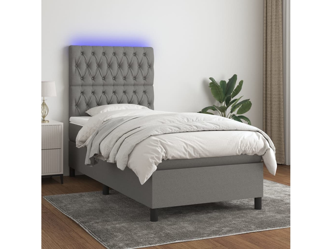Cama Box Spring Colchón Y Luces Led Tela Gris Oscuro 80x200 Cm