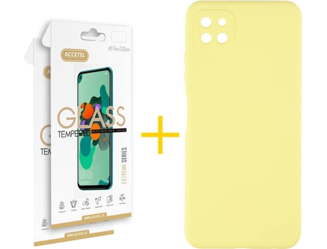 Funda y Protector de Vidrio 2 x Samsung Galaxy A22 5G ACCETEL Silicona Líquida Amarillo