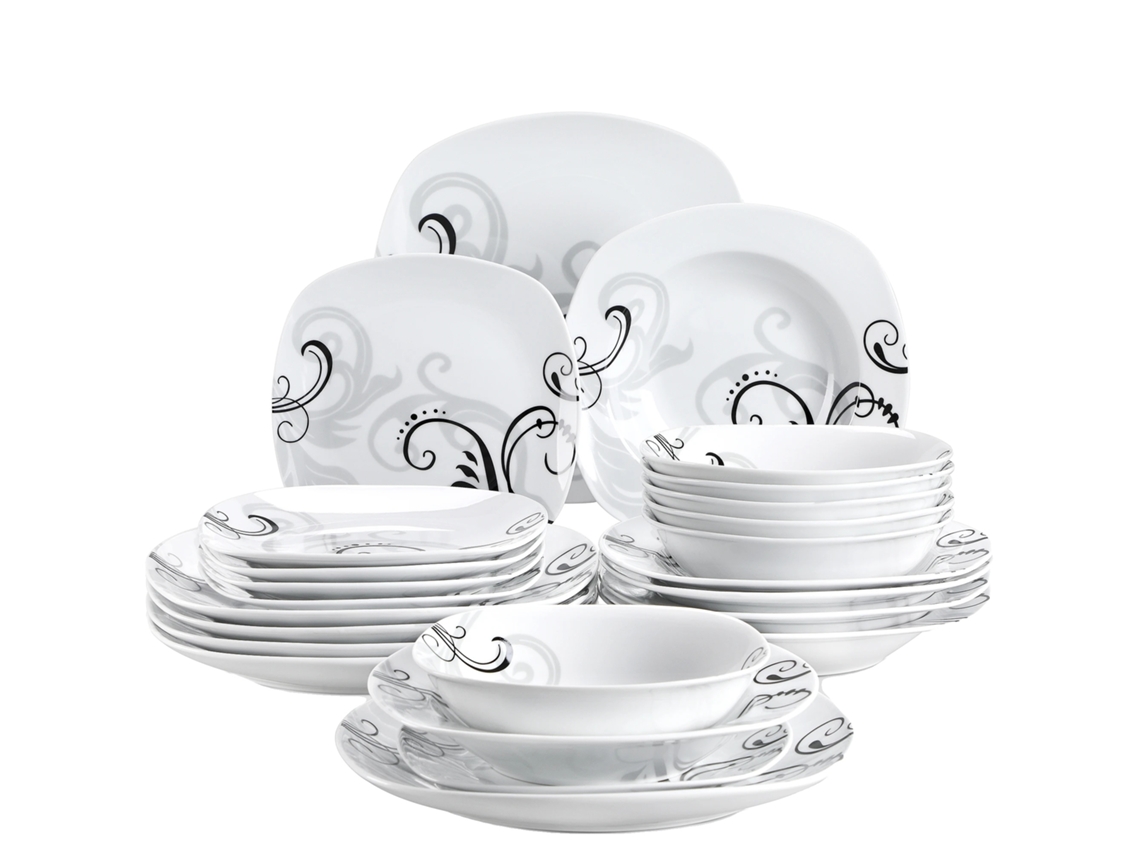 Juego de vajilla de porcelana, diseño floral, forma cuadrada, 24 piezas