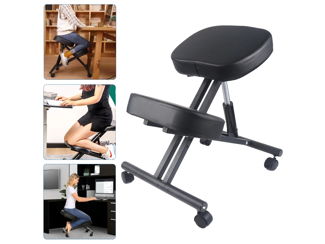 Silla ergonómica de rodillas, de acero, altura ajustable de 50 a 60 cm, dimensiones: 70 x 46 cm, cuatro ruedas para mayor movilidad, color negro OEM.