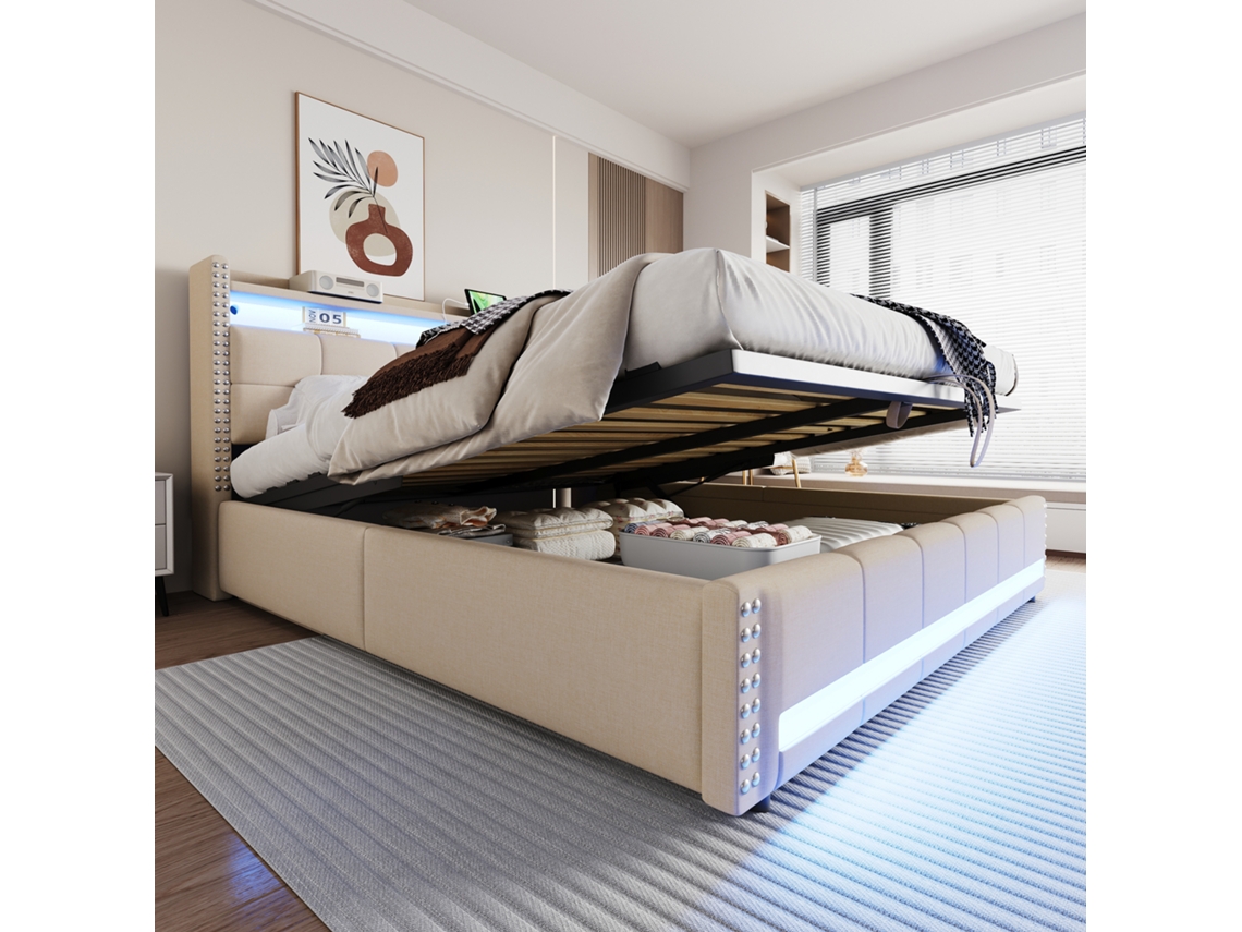 Sofá Cama Tapizado 180x200 Cm Lino, Led, Usb, Almacenamiento Cabecero, Hidráulico, Robusto 300 Kg, Sin Colchón, Beige