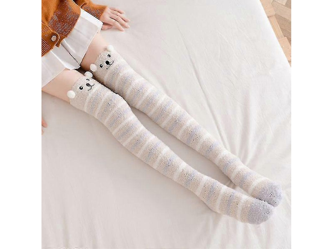 Calcetines suaves de lana coral hasta la rodilla, ideales para el invierno, para niñas y mujeres. Calcetines de rayas con estampados de animales, pelusas y dibujos animados.
