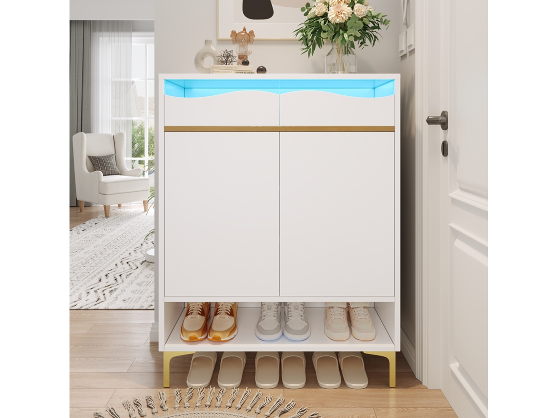 Zapatero Moderno 80x35x105 Cm Con Led 2 Cajones Y 2 Puertas Estilo Blanco