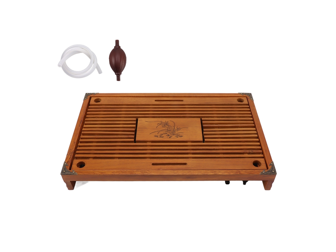Bandeja de té china de madera Kongfu con drenaje y diseño de orquídea amarilla.
