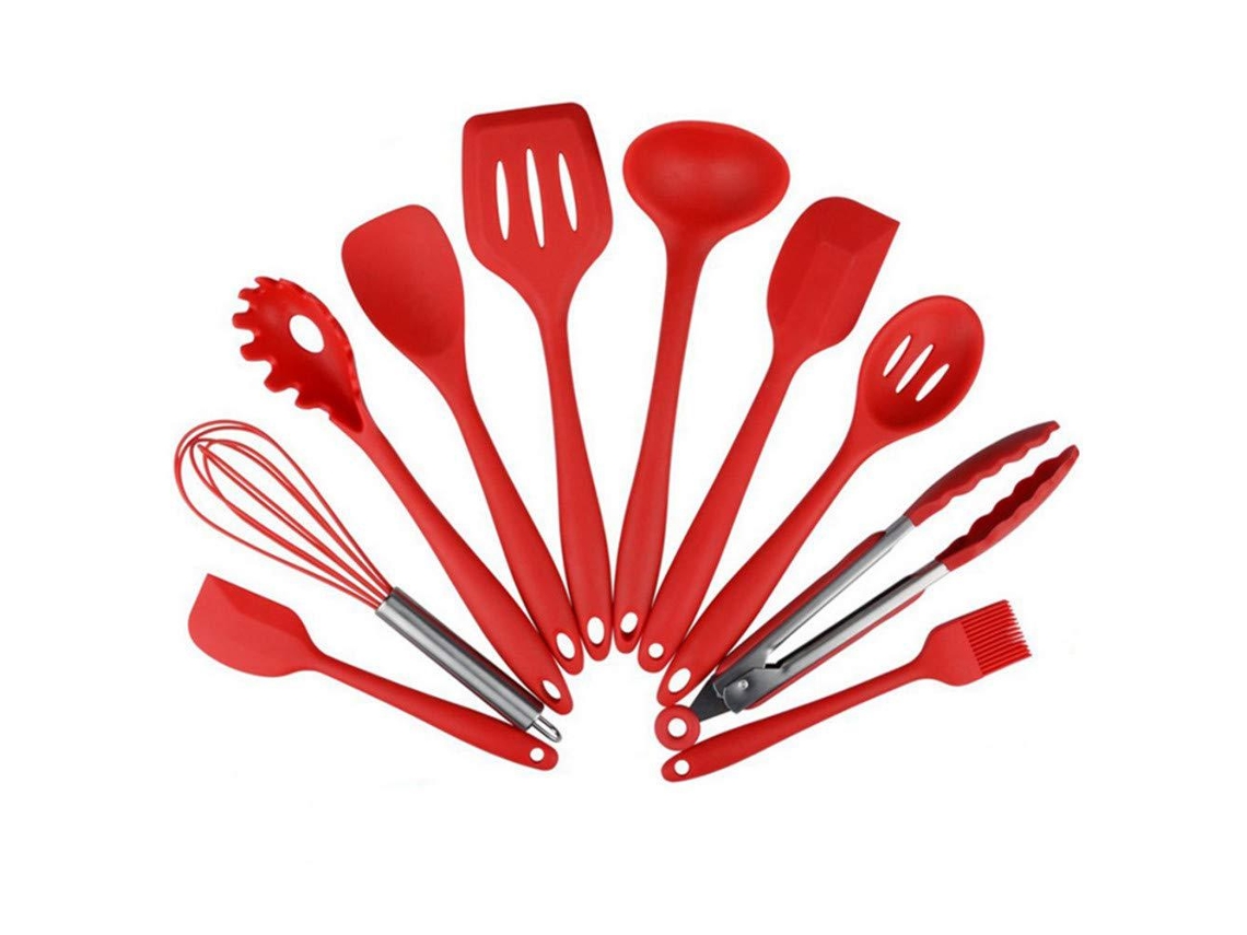 Juego de utensilios de cocina de silicona de 10 piezas, resistente al calor, rojo, 446 °F, chrui