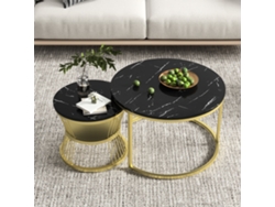 Juego De Dos Mesas De Centro Apilables, Efecto Mármol Negro Con Patas Doradas, Diseño Moderno Y Elegante.