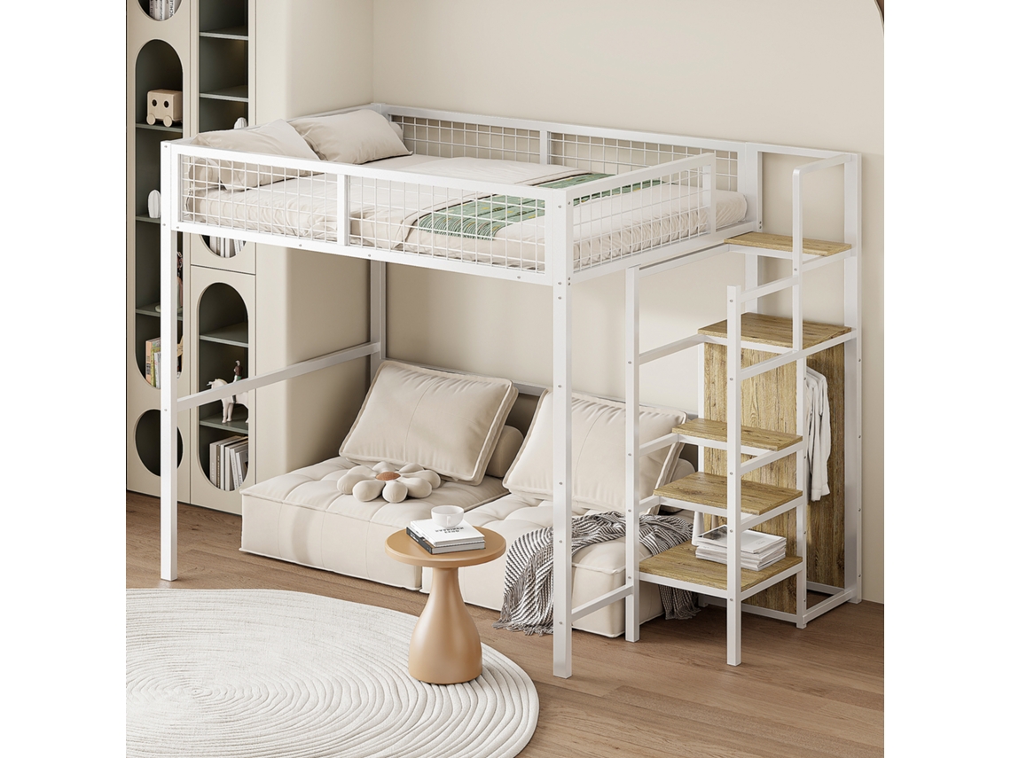 Cama alta 140*200, Cama infantil con estructura de hierro y balda de almacenaje, Armario blanco