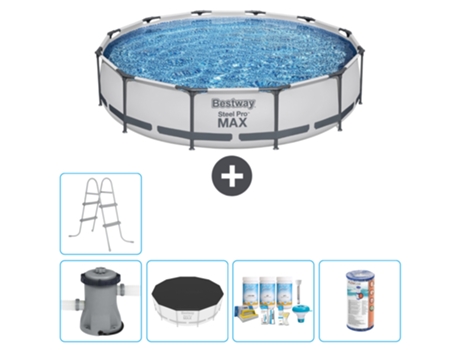 Piscina BESTWAY Round Steel Pro MAX - 366 x 76 cm - Gris - Bomba incluida Cubrir - Paquete de mantenimiento - Filtrar - Escalera