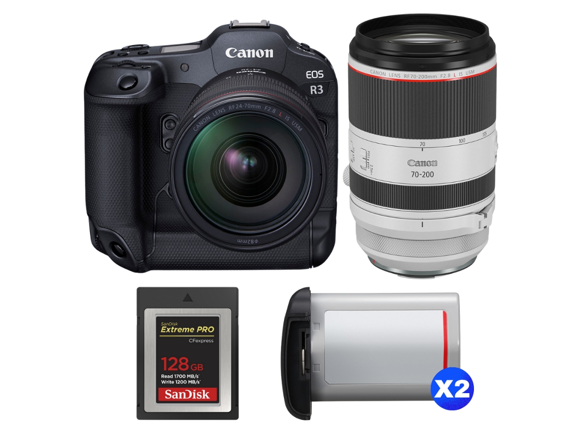 Canon Eos R3 + Rf 24-70mm F/2.8 L Is Usm + Rf 70-200mm F/2.8 L Is Usm + 1 Sandisk 128gb Extreme Pro Cfexpress Type B + 2 Canon L + Ebook Pricedirect