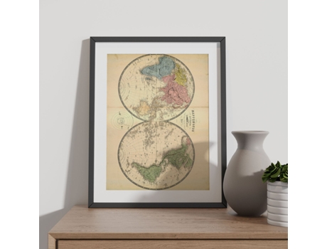NACNIC Pósters Geográficos En Estilo Vintage Mapamundi En Hemisferios Ilustraciones De Antiguos Mapamundis En Tonos Sepia Tamaño A3, Con Marco Blan...