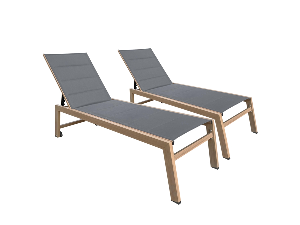 Juego de 2 tumbonas de aluminio con efecto madera y ruedas, 5 posiciones reclinables