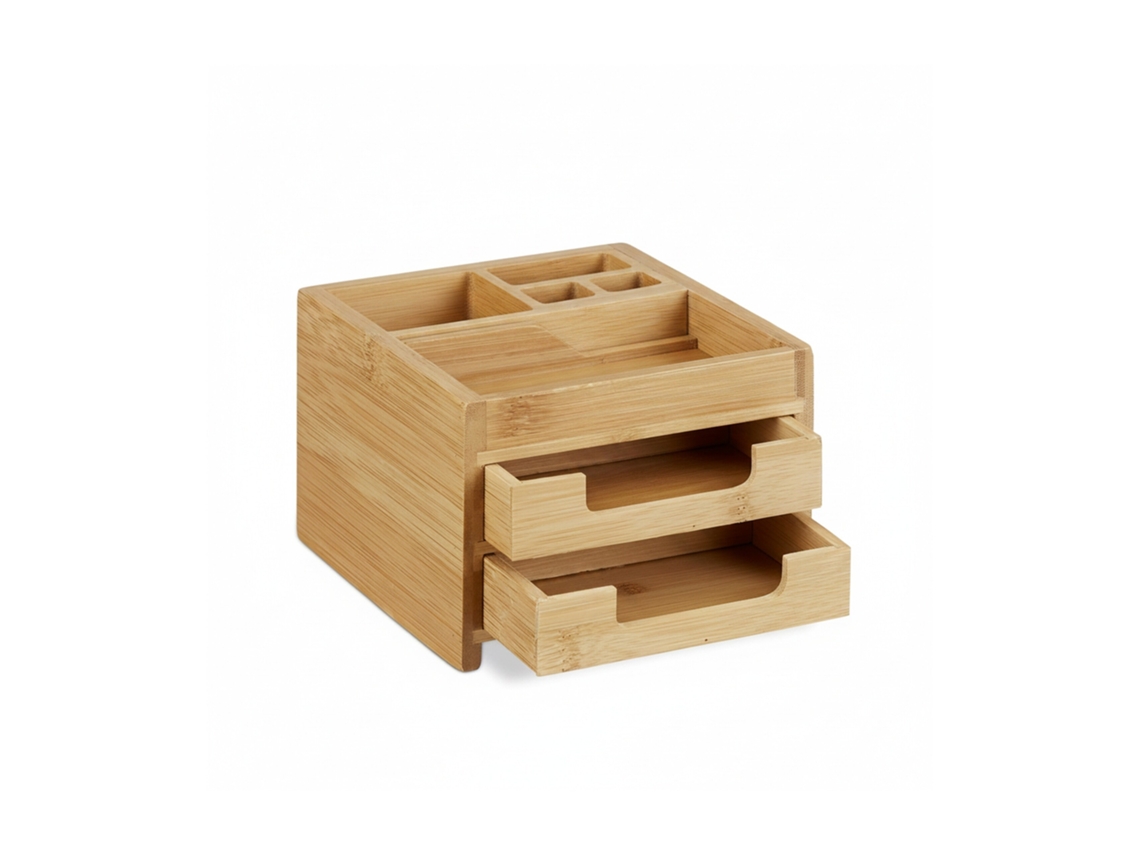 Organizador De Secretária Relaxdays Em Bambu, Suporte Para Canetas, Caixa Com Gavetas, 9,5 X 12,5 X 15 Cm, Natural