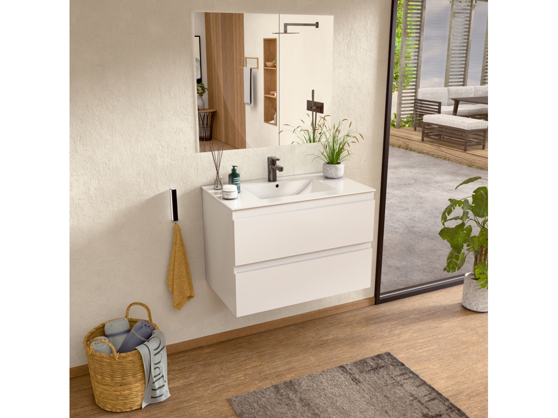 Mueble de baño con lavabo de cerámica y espejo, mueble de baño con 2 cajones, 80 x 55 x 46 cm, Mueble de baño Bellobath Blanco