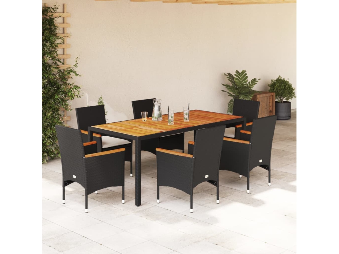 Juego de comedor de jardín de 7 piezas con cojines, mimbre de acacia negro, Dkd Home Decor