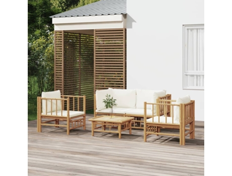 Conjunto 5 de muebles de jardín VIDAXL bambú y cojines blanco crema