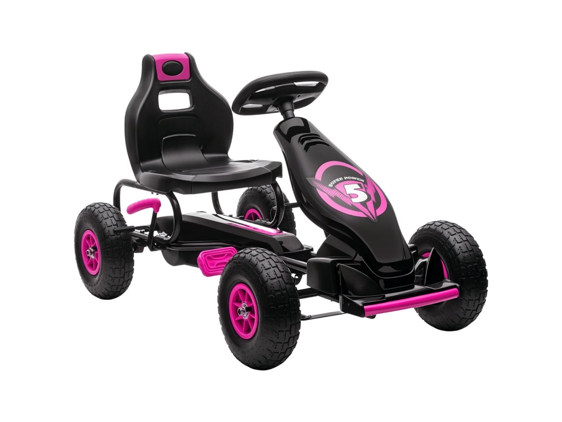 Kart de pedales infantil con asiento ajustable en 3 posiciones, freno de mano, rosa y negro, de 5 a 12 años.