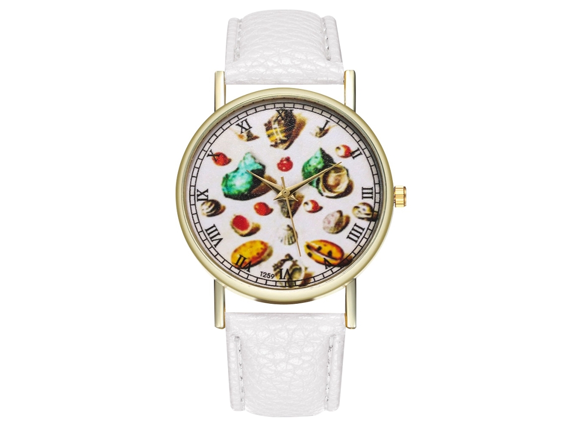 Reloj De Cuero Pu Para Mujer Y Hombre Con Dial Redondo Y Patrón De Concha Blanco