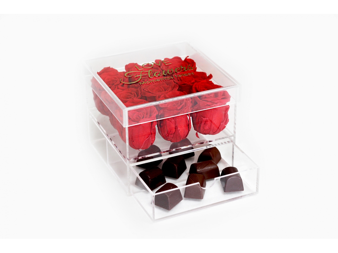 9 Rosas Rojas Naturales Preservadas Flores LOVE con 9 Chocolates - Colección Glassy Rose con Chocolates