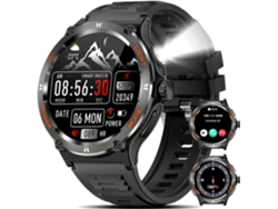 Smartwatch Chronus KT76 robusto masculino de 1,53 pulgadas con luz LED fuerte, 3 modos de linterna, 500mAh - negro