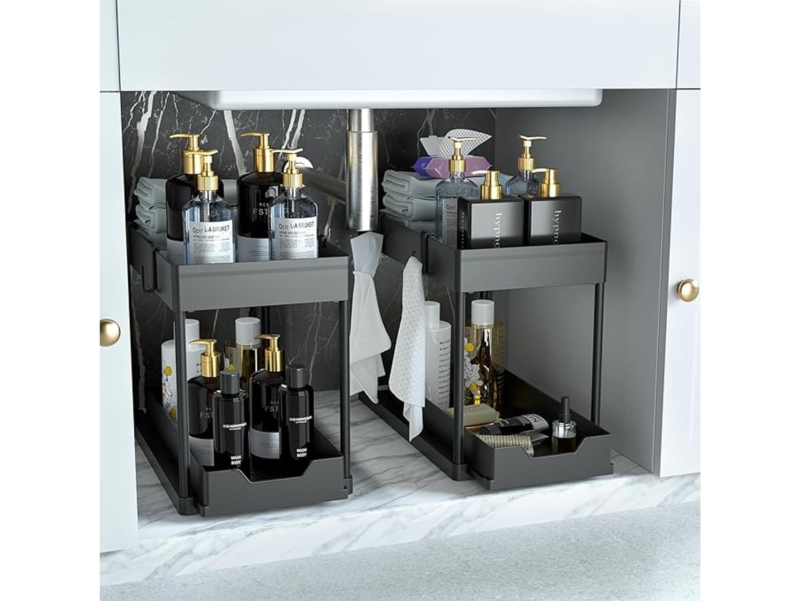 Estante De Almacenamiento De Dos Piezas Para Debajo Del Fregadero - Cesta De Almacenamiento Multifuncional Para El Baño - Negro
