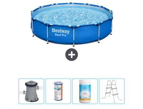 Piscina BESTWAY Round Steel Pro - 305 x 76 cm - Azul - Bomba incluida Filtrar - Cloro - Escalera