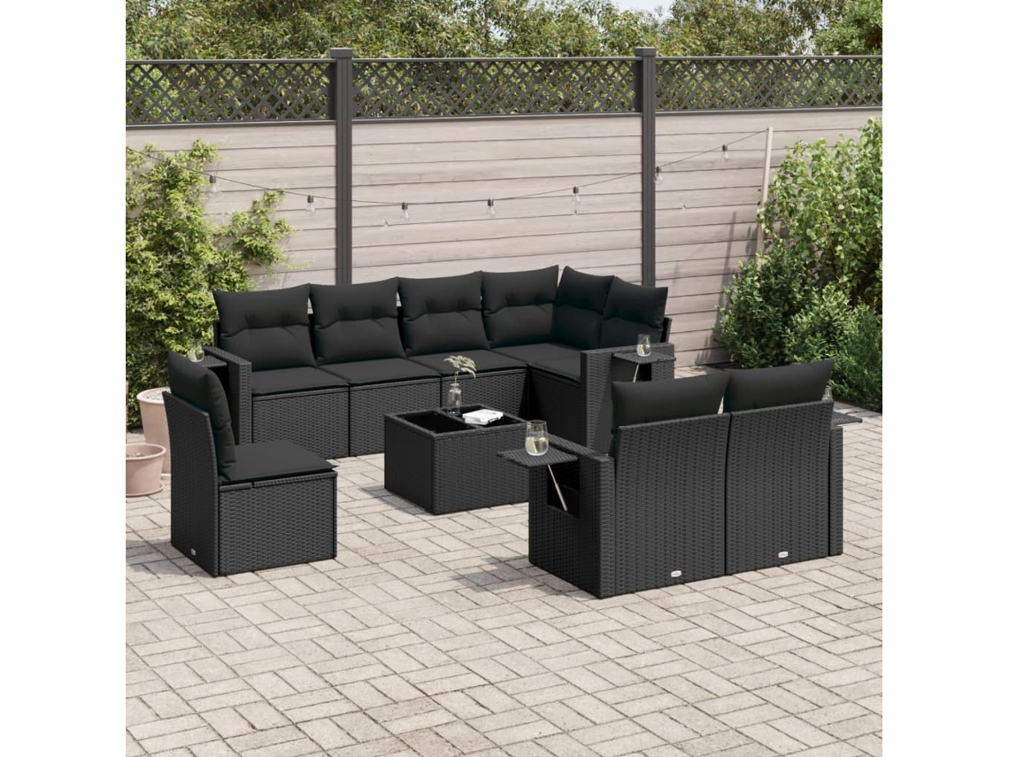 Conjunto de sofás de jardín de 9 piezas DKD Home Decor con cojines de mimbre negros